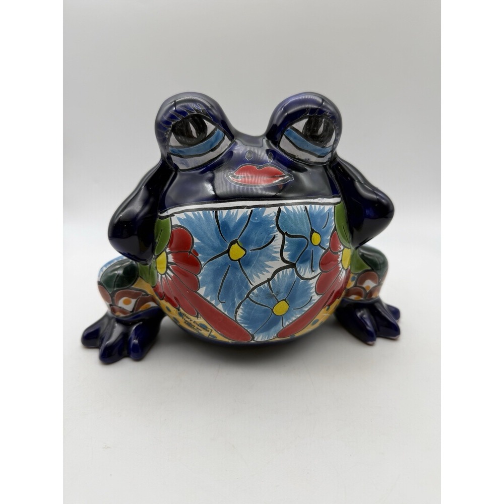 Mexican Talavera Happy Frog Planter Animal Pot Folk Art Pottery 6.75"x 9 3/8"